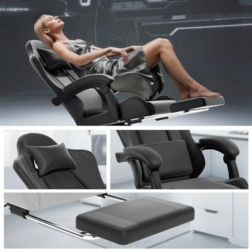 Athena Collection Ergonomic Gaming Chair with Footrest & Headrest Lumbar Support, Height Adjustable Swivel Office Chair Reclining Game Chair High Back Computer Chair for Adults, Carbon Fiber Black