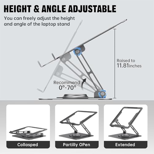 JOYEKY Laptop Stand for Desk, Adjustable Computer Stand with 360° Rotating Base, Ergonomic Laptop Riser for Collaborative Work, Foldable & Portable Laptop Stand, fits for All 10-16" Laptops