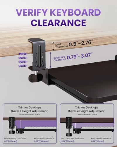 Zontera Ergonomic Keyboard Tray Under Desk, Pull Out with Adjustable C-clamp, 25.6 (31.5 Including Clamps) x 11.8 Inch Slide Out Computer Keyboard Drawer Mouse Tray for Typing, Large & Black