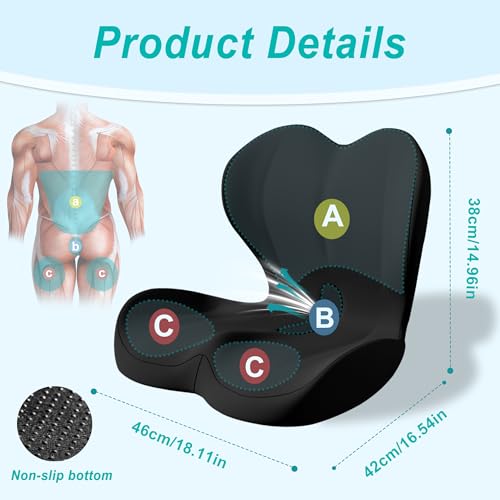 BANKQF Seat Cushion for Office Chair and Car, Lumbar Support Pillow for Office Chair, Memory Foam Ergonomic Seat Cushion for Long Sitting, Back & Tailbone Pain, Sciatica - Black