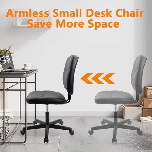 CLATINA Armless Home Office Chair, Small PU Leather Ergonomic Low Back Desk Chair with Lumbar Support and Wheels, Adjustable Height 360° Swivel Rolling Computer Task Chair, Black