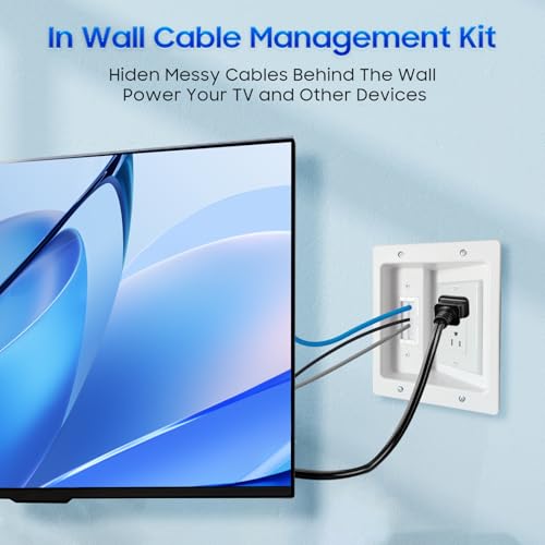 Recessed Outlet Box in Wall Cable Management Kit, Hide Cables Behind The Wall, Cable Pass Through Wall Plate Insert for TV HDMI Network Ethernet Home Theater Speaker Systems (White 6.2 * 7.9 inch)