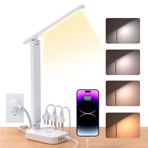 One Beat Small LED Desk Lamp Power Strip 5ft Extension Cord with 3 Outlets 4 USB Ports(2 USB C), 4 Modes, 5 Level Touch Lamp Study Reading Light, Home Office Bedroom College Dorm Room Essentials,White