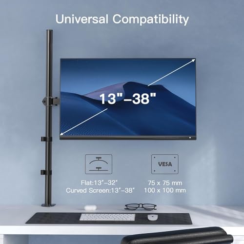 HUANUO Single Monitor Arm with 39 inch Extra-Tall Pole, Adjustable Computer Desk Mount for 13–32 inch Screens and up to 38 inch Ultrawide Screens, Hold 22 lbs, Monitor Stand with C-Clamp & Grommt Base