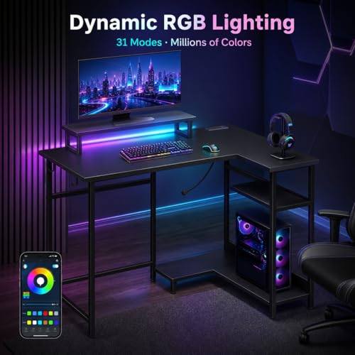 DEVAISE 47" L Shaped Gaming Desk with LED Lights and Power Outlets - Spacious Corner Computer Table with Monitor Stand and Storage Shelves for Work and Gaming, Black
