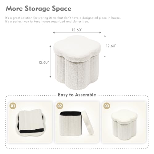 B FSOBEIIALEO Storage Ottoman Cube, Flowers Shaped Ottomans with Storage Foot Stool Footrest for Lving Room, Boucle Ottoman Seat for Dorm Room,Faux Teddy Fur,White 12.6"x12.6"x12.6"