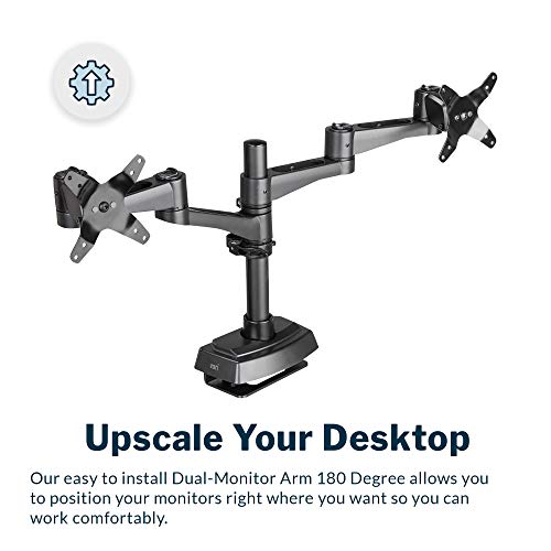 Vari Dual Monitor Arm 180 Degree - VESA Compatible Mount w/ 180 Degree Adjustment - Monitors up to 27 inches, 19.8 lbs - Double Arms for Compact Spaces - Computer Monitor Stand for Home or Office