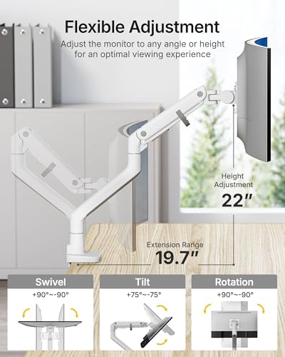monTEK Heavy-Duty Monitor Arm for 17-57" Ultrawide Curved Screen, Supports up to 59.4 lbs, Adjustable Gas Spring Arm, 75/100 VESA Mount, Clamp & Grommet Desk Monitor Mount Single, White