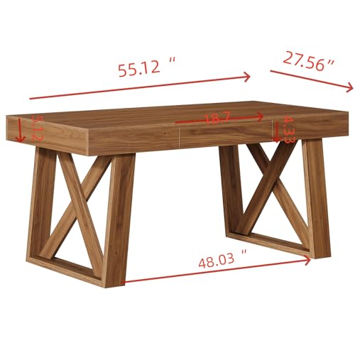 Tribesigns 55 Inch Walnut Computer Desk with Drawer, Mid-Century Farmhouse Executive Desk, Rustic Wide Desktop Home Office Desk for Workstation