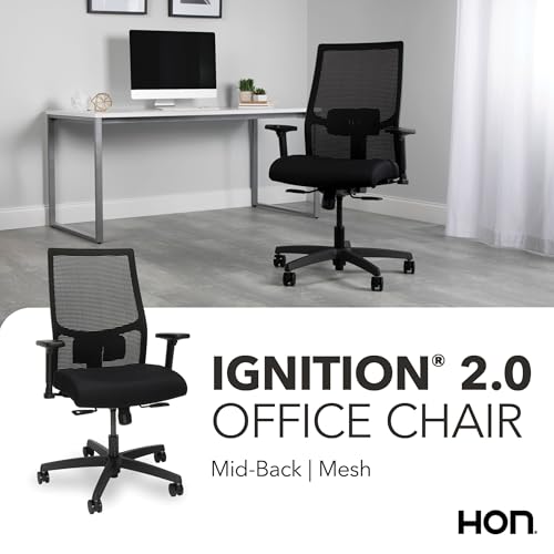 HON Ignition 2.0 Mid‑Back Ergonomic Office Chair, Mesh Task Desk Chair with Lumbar Support, Standard Synchro‑Tilt, Height and Width Adjustable Arms, Black Frame, Black