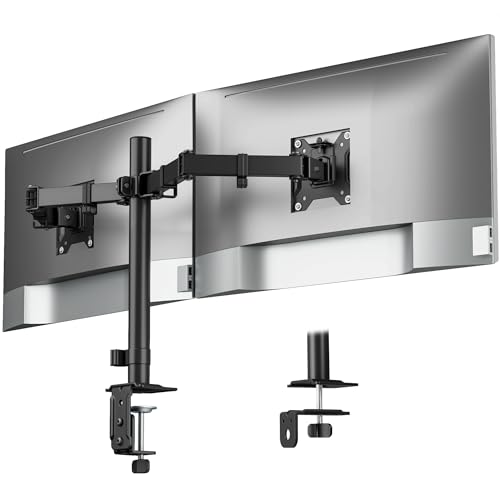 monTEK Heavy Duty Dual Monitor Stand for 17–32" Monitors, Stable Desk Mount with 22 lbs per Arm, Fully Adjustable Articulating Monitor Arm with Clamp & Grommet Base, VESA 75x75/100x100