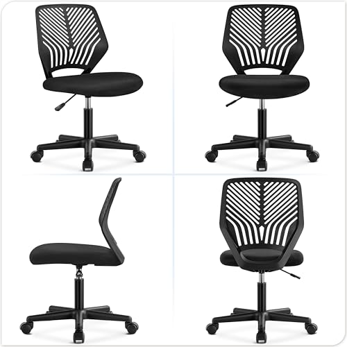 Yaheetech Student Desk Chair, Low-Back Armless Study Chair with Lumbar Support, Adjustable Swivel Office Chair for Home Bedroom School, Black