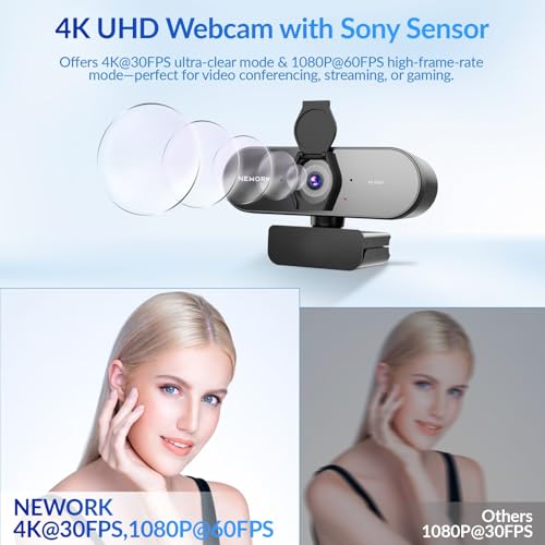 NEWORK 4K Webcam for PC with PDAF & CDAF Dual-autofocus, Ultra 4K HD, 2 Noise Reduction Mics, Auto Light Correction, USB-A, Privacy Cover, 79°FOV, Streaming Camera for PC, Mac, Laptop, Video Calls