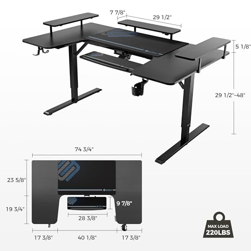 EUREKA ERGONOMIC Standing Desk with Keyboard Tray,U-Shaped 74 Inch Large Gaming Desk,Electric Height Adjustable Music Studio Desk w LED Convertible Shelves