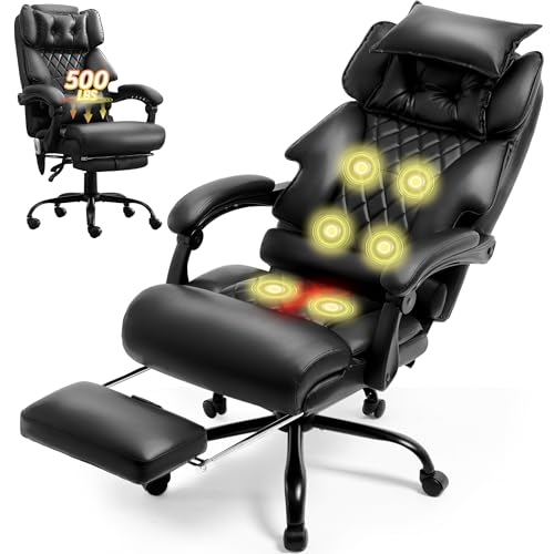 Massage Office Chair with Foot Rest,6 Points Vibration&Heat Executive Office Chairs,Big and Tall Leather Office Chair 500LBS,Ergonomic Desk Chair for Heavy People,Home and Office Computer Chair,Black