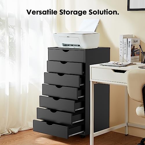 OLIXIS 7 Drawer Mobile File Cabinet Under Desk Storage Organization with Wheels Vertical Filing Chest Rolling Wood Small Desk Printer Stand for Home Office, 15.75"D x 18.74"W x 34.25"H, Black