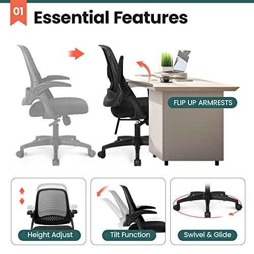 NEO CHAIR Office Desk Gaming Ergonomic Computer Chair with Lumbar Back Support Adjustable Height Swivel Rolling Wheels Flip-up Arms Mesh Chair for Home Vanity (Black)