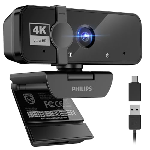 Philips 4K Webcam for PC with Microphone, Computer Camera for Meetings with Privacy Cover, Plug & Play USB Web cam for Laptop, Desktop, Zoom, Teams, Skype, Video Conferencing, Streaming - Black