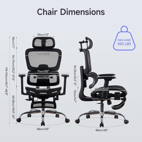 LarkLeaves Office Chair with Footrest, Ergonomic Chair with 3D Headrest, Computer Chair with Adjustable Backrest & 3D Armrest, Gaming Chair with Adaptive Lumbar Support, Mesh Backrest & Cushion, Black