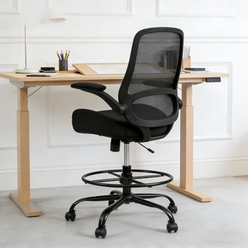 HYLONE 400lbs Big and Tall Heavy Duty Drafting Chair 5" Thickened Seat Tall Office Chair Flip-Up Armrests Ergonomic Chair with Lumbar Support and Adjustable Footrest Ring Standing Desk Chair (Black)