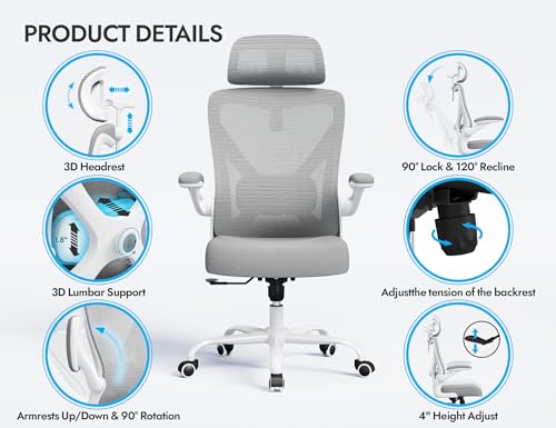Ergonomic Office Chair: White Computer Desk Chair Comfy Gaming Chair for Adults - Office Chair with Lumbar Support & Headrest - Executive Office Rolling Chairs for Home Work (Grey)