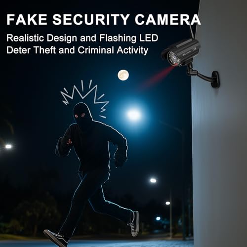WALI Dummy Fake Camera, Solar Powered Fake Security Camera with LED Light, Simulated Surveillance Security CCTV Dome Cameras with Antenna and Warning Sticker Indoor Outdoor (SOL-TCB4), 4 Packs, Black