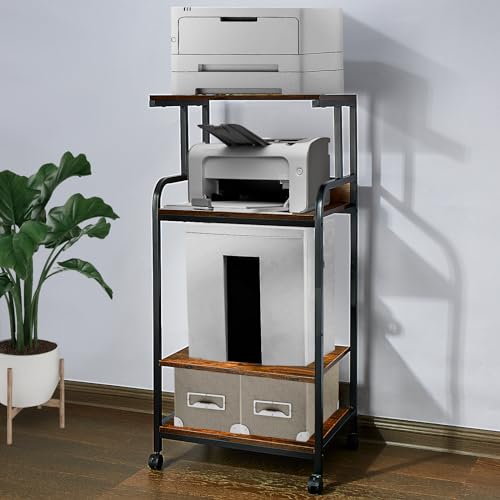 jarrvz 4-Tier Printer Stand with Adjustable Shelves and Wheels, Tall Printer Table with Storage for Home Office, Rolling Printer Cart for Small Spaces, Rustic Brown