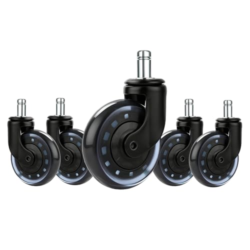 Office Chair Caster Set of 5, Hirate 3" Heavy Duty Desk Chair Replacement Wheel with Crescent-Shaped Smooth Rolling Safe for Hardwood, Carpet, Tile, Universal Fit 7/16" x 7/8", Blue