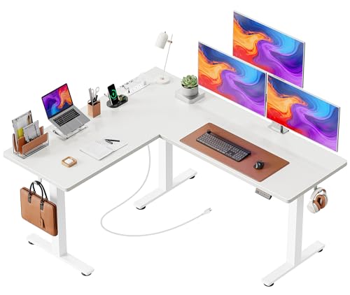 Huuger L Shaped Standing Desk with Power Outlets, 63 x 55 Inch Height Adjustable Computer Desk for Bedroom, Corner Stand up Desk for Home and Office, Work and Study, White