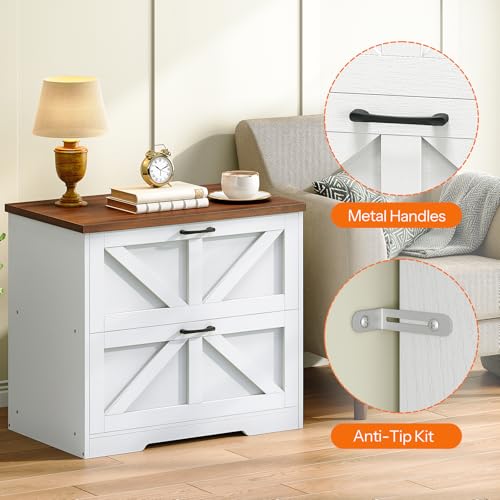 HOOBRO 2 Drawer File Cabinet, Farmhouse Lateral Filing Cabinet for Letter/A4/Legal Size, Large Wooden Office Storage Cabinet, Printer Stand for Home Office, White and Walnut WH48WJ01