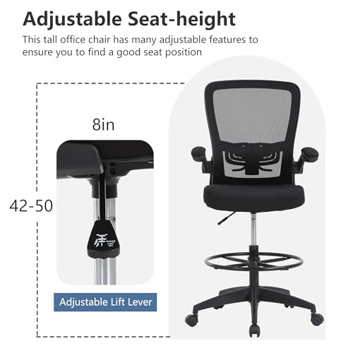 PayLessHere Ergonomic Drafting Chair Tall Office Chair High Adjustable Standing Desk Chair with Lumbar Support Mesh Back Footrest Flip-Up Arms for Office Computer Desk Standing Desk (Black)