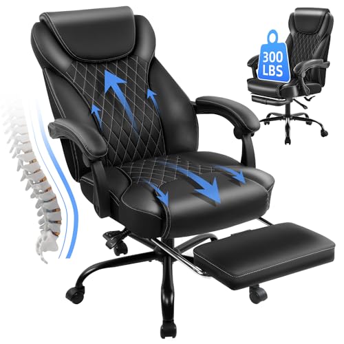 amseatec Big and Tall Office Chair with Footrest, Ergonomic Leather High Back Computer Chair Infinite Lock Reclining 90°-135°,20 Spring Packs,300lbs Executive Desk Chair for Home Office（Black）