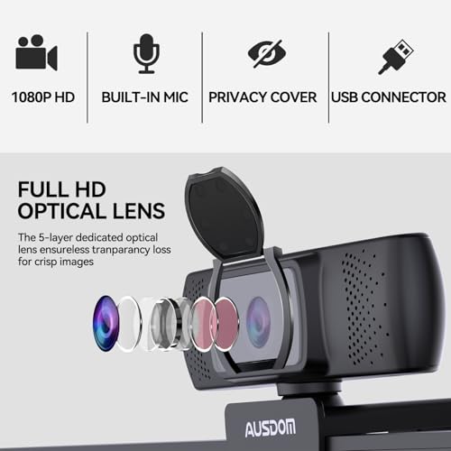 AUSDOM AF640 1080P Webcam with Microphone, 90°FOV USB PC Camera Webcam with Privacy Cover, Plug and Play Computer Camera for Online Calling/Conferencing, Zoom/Skype/YouTube, Laptop/PC