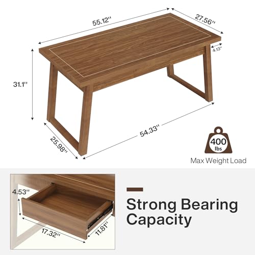 Tribesigns Home Office Executive Desk: 55 Inches Wooden Computer Desk with Drawer, Mid-Century Modern Study Writing Table, Rustic PC Laptop Desk Workstation Furniture, Walnut Brown