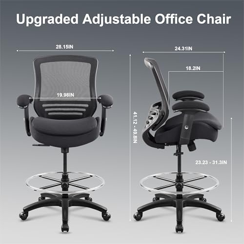 WITTLONG 400lbs Office Drafting Chair Wide Dual Seat Cushion for High Standing Desk with Lumbar Support and Enlarged Adjustable Footrest-Black