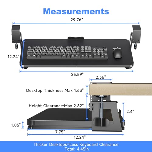 XINLEI Keyboard Tray Under Desk Large C-Clamp 25.6” (30” Including Clamps) x 11.8” Slide-Out Platform Computer Drawer Pull Out Keyboard & Mouse Tray Black DSF4