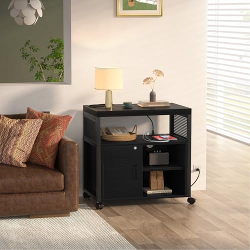 Unikito Lateral File Cabinet, Locking Office Printer Stand with Sockets and USB Charging Ports, Modern Rolling Printer Desk with Storage for A4, Letter Size and File Folders, Black