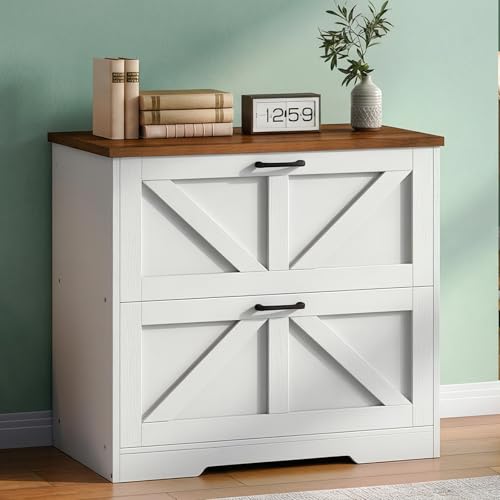 HOOBRO 2 Drawer File Cabinet, Farmhouse Lateral Filing Cabinet for Letter/A4/Legal Size, Large Wooden Office Storage Cabinet, Printer Stand for Home Office, White and Walnut WH48WJ01