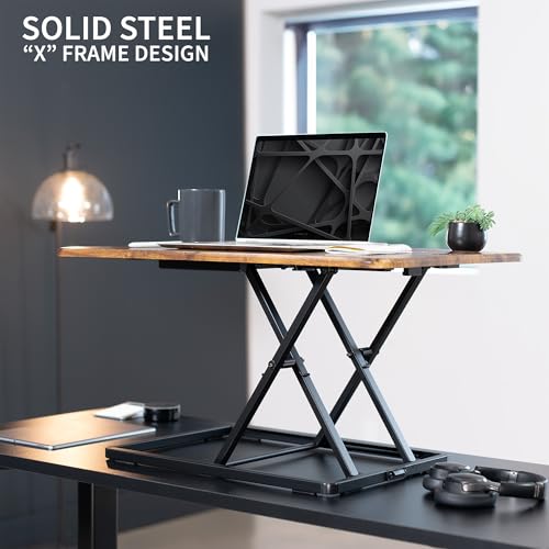 VIVO Ultra-Slim 32 Inch Single Top Height Adjustable Standing Desk Riser, Compact Sit Stand Desktop Converter for Monitor or Laptop, Vintage Brown, DESK-V032JN
