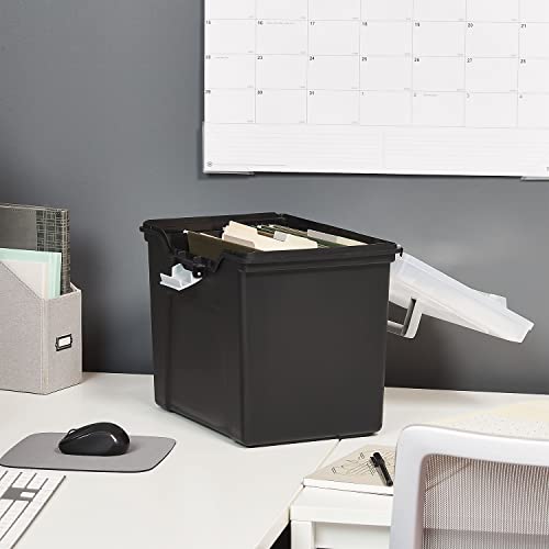 STAPLES File Folder Tote, Portable Filing Box for Letter SIze Hanging Folders, Security Latch & Built-In Lid Organizer, Black/Clear