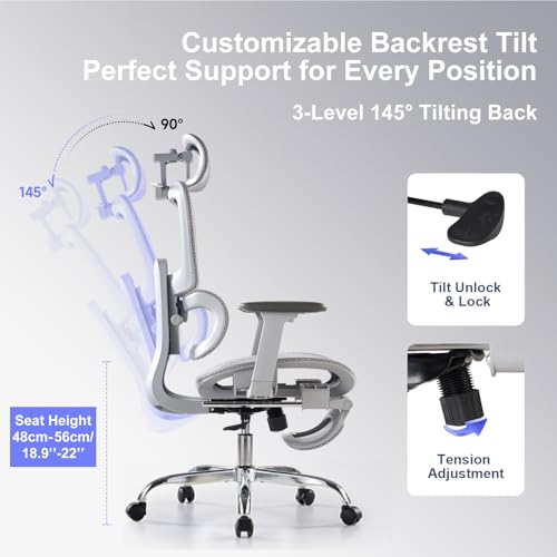 LarkLeaves Office Chair with Footrest, Ergonomic Chair with 3D Headrest, Computer Chair with Adjustable Backrest & 3D Armrest, Gaming Chair with Adaptive Lumbar Support, Mesh Backrest & Cushion, Grey