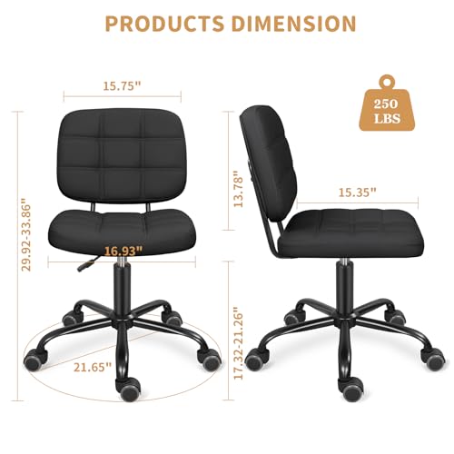 ERGOSEAT Armless Office Chair with Wheels, Small Desk Drafting Chair for Small Space, PU Leather Computer Task Chair, Height Adjustable Rolling Chair, Compact Chair for Home Office, Dorm, Vanity,Black