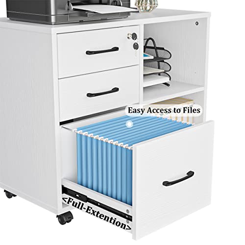 Panana 3 Drawer Office File Cabinets, Mobile Lateral Printer Stand with Open Storage Shelf, Rolling Filing Cabinet with Wheels Home Office Organization and Storage (White)