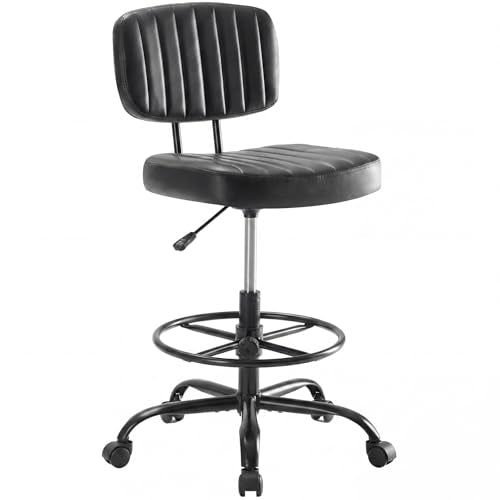 DUMOS Armless Drafting Chair, Low Back Office Seat with Adjustable Footrest Ring for Standing Desk, Ergonomic PU Leather Office Seating, Swivel Rolling High Stool for Studio, Lab, Counter, Black