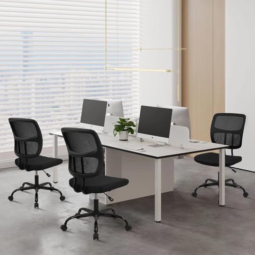 CLATINA Armless Home Office Chair, Small Ergonomic Mesh Back Desk Chair with Lumbar Support and Wheels, Adjustable Height 360° Swivel Rolling Computer Task Chair for Conference Waiting, Black