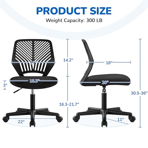 Yaheetech Student Desk Chair, Low-Back Armless Study Chair with Lumbar Support, Adjustable Swivel Office Chair for Home Bedroom School, Black