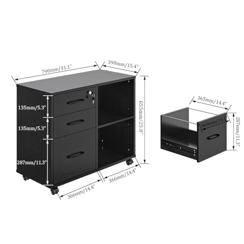 Panana 3 Drawer Office File Cabinets, Mobile Lateral Printer Stand with Open Storage Shelf, Rolling Filing Cabinet with Wheels Home Office Organization and Storage (Black)