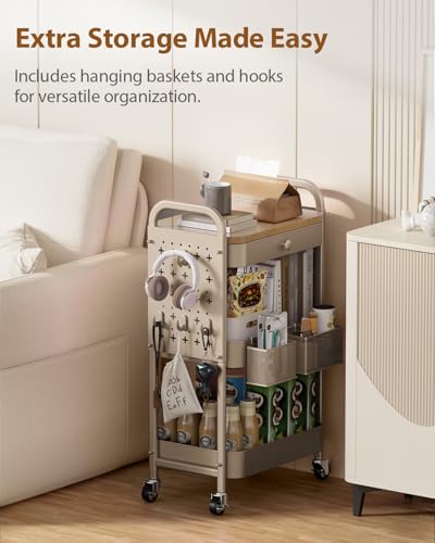 ALVOROG Rolling Cart with Drawer and Wood Table Top, 3 Tier Metal Rolling Utility Cart on Wheels with DIY Pegboards, Hanging Baskets, Hooks for Kitchen, Bedroom, Office, Craft Supplies