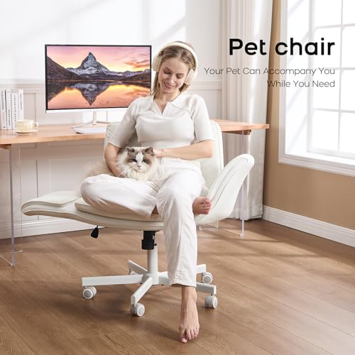 amseatec Criss Cross Office Chair, PU Leather Vanity Chair with 5-Level Adjustable Armrests & Swivel, Ergonomic Criss Cross Chair for Home Office Bedroom Makeup（White）