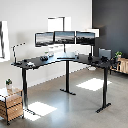 VIVO Electric Height Adjustable 71 x 71 inch Curved Corner Stand Up Desk, Black Table Top, Black Frame, Memory Controller, L-Shaped Workstation, E3C Series, DESK-KIT-E3CB2